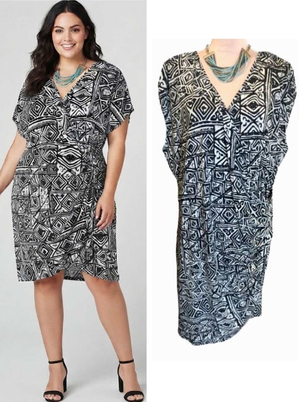 Miss Tina Black White Geo Print Faux Wrap Dress Plus 3X Sleeveless Knee Length